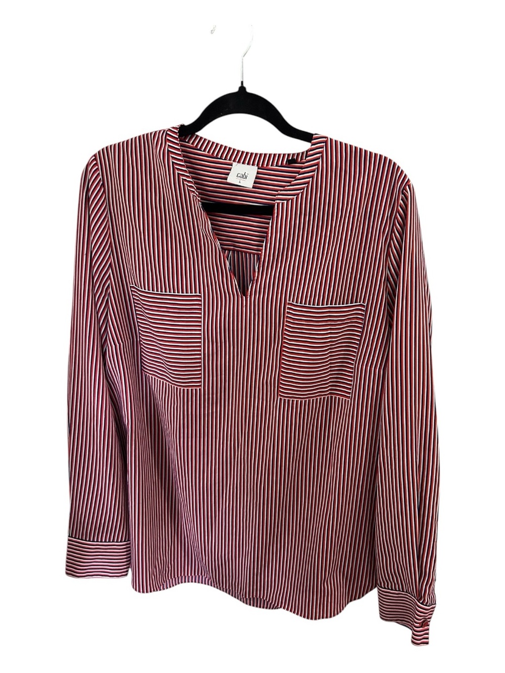 CAbi Red and White Striped Split-Neck Long Sleeve Top